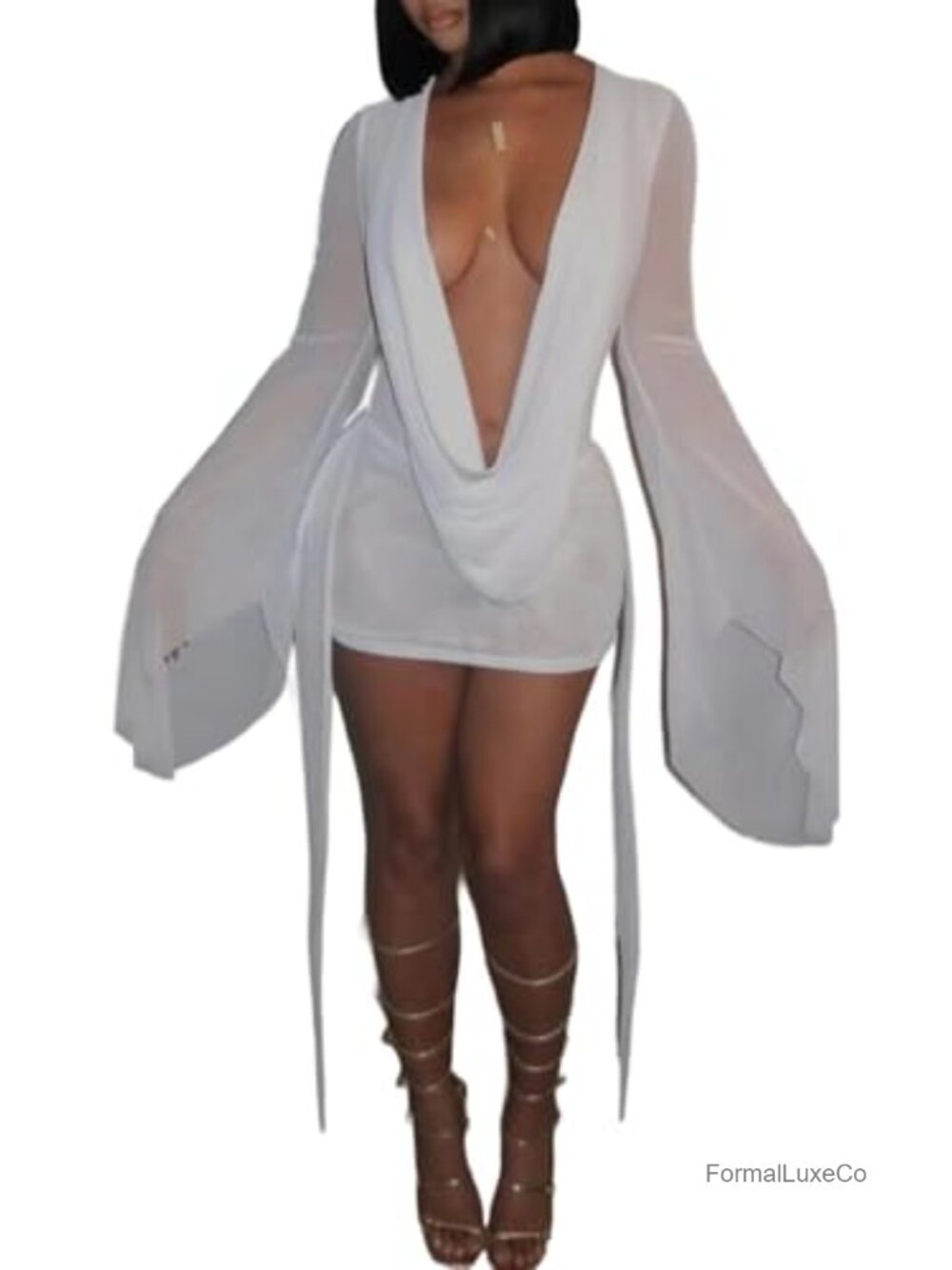 Women's Sexy Backless Mini Swing Dress, Cowl Neck with Draped Mesh & Long